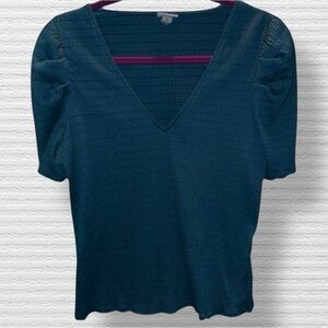 A NEW DAY TEAL SMOCKED V NECK PUFF SLEEVE TOP
